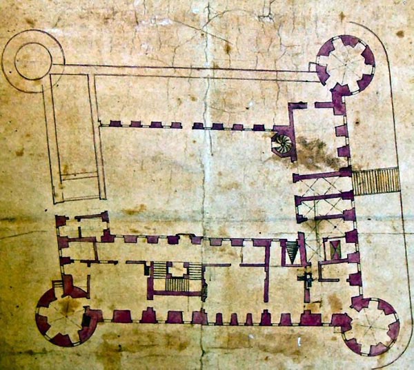 Grundriss für den geplanten Umbau des Schlosses zu
einer vierflügeligen Anlage mit vier Ecktürmen (um 1700).