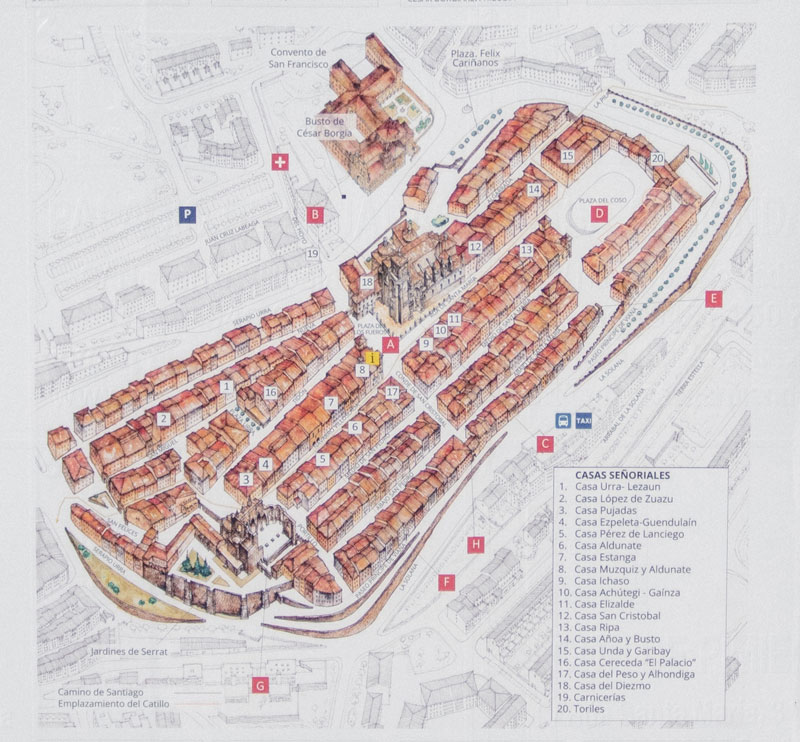 Auf der Übersichtskarte ist der fast rechteckige Grundriss der Altstadt gut zu sehen. Rechts oben über der Ziffer 15 befindet sich das östliche Tor.